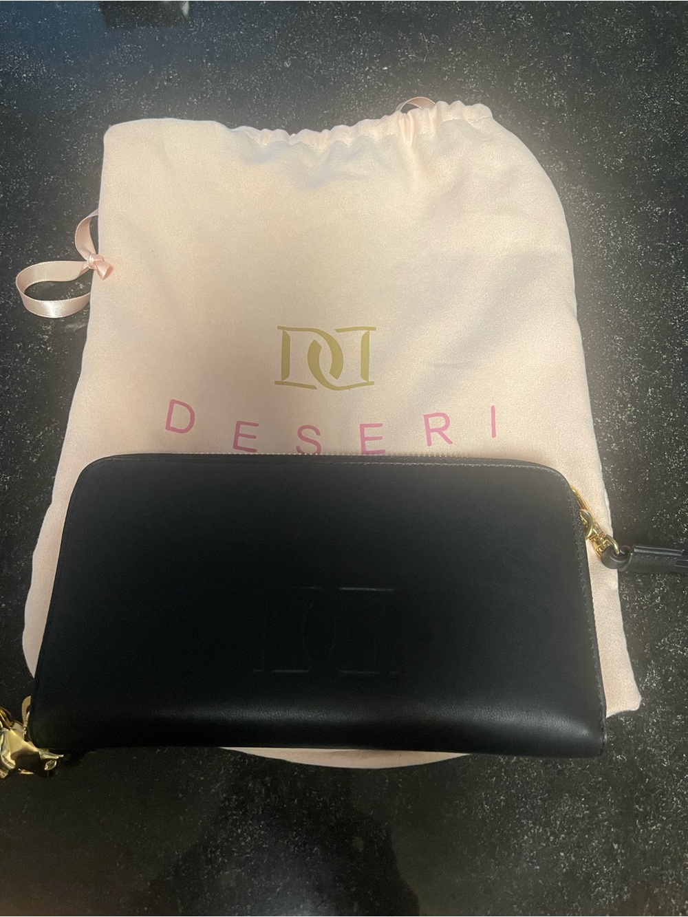 DESERI | Made in Spain Black Leather and Gold Paris Wristlet Clutch
